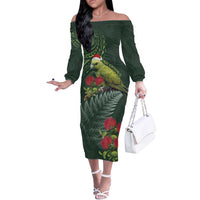 Meri Kirihimete Kakapo Off The Shoulder Long Sleeve Dress Green Silver Fern Christmas Vibe LT9 Women Green - Polynesian Pride