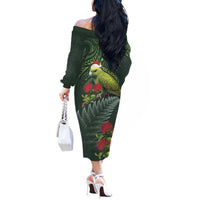 Meri Kirihimete Kakapo Off The Shoulder Long Sleeve Dress Green Silver Fern Christmas Vibe LT9 - Polynesian Pride