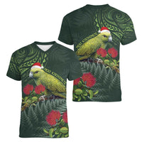 Meri Kirihimete Kakapo Women V-Neck T-Shirt Green Silver Fern Christmas Vibe LT9 - Polynesian Pride