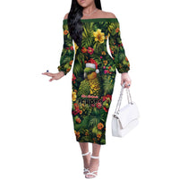 Meri Kirihimete Kakapo Off The Shoulder Long Sleeve Dress New Zealand Christmas with Tropical Vibe LT9 Women Green - Polynesian Pride