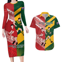 Australia-Tonga Rugby Pacific Custom Couples Matching Long Sleeve Bodycon Dress and Hawaiian Shirt The Kangaroos and Mate Ma'a Tonga LT9 Red-Green - Polynesian Pride