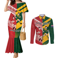 Australia-Tonga Rugby Pacific Custom Couples Matching Mermaid Dress and Long Sleeve Button Shirt The Kangaroos and Mate Ma'a Tonga LT9 Red-Green - Polynesian Pride
