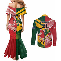 Australia-Tonga Rugby Pacific Custom Couples Matching Mermaid Dress and Long Sleeve Button Shirt The Kangaroos and Mate Ma'a Tonga LT9 - Polynesian Pride