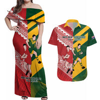 Australia-Tonga Rugby Pacific Custom Couples Matching Off Shoulder Maxi Dress and Hawaiian Shirt The Kangaroos and Mate Ma'a Tonga LT9 Red-Green - Polynesian Pride