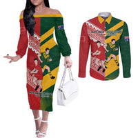 Australia-Tonga Rugby Pacific Custom Couples Matching Off The Shoulder Long Sleeve Dress and Long Sleeve Button Shirt The Kangaroos and Mate Ma'a Tonga LT9 Red-Green - Polynesian Pride