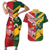Australia-Tonga Rugby Pacific Custom Couples Matching Short Sleeve Bodycon Dress and Hawaiian Shirt The Kangaroos and Mate Ma'a Tonga LT9 Red-Green - Polynesian Pride