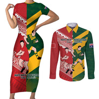 Australia-Tonga Rugby Pacific Custom Couples Matching Short Sleeve Bodycon Dress and Long Sleeve Button Shirt The Kangaroos and Mate Ma'a Tonga LT9 Red-Green - Polynesian Pride
