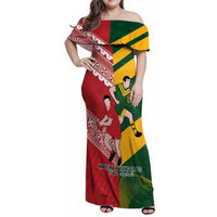 Australia-Tonga Rugby Pacific Custom Family Matching Off Shoulder Maxi Dress and Hawaiian Shirt The Kangaroos and Mate Ma'a Tonga LT9 Mom's Dress Red-Green - Polynesian Pride