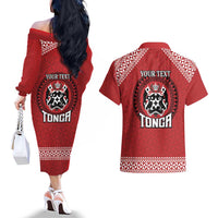 Tonga Rugby XIII Custom Couples Matching Off The Shoulder Long Sleeve Dress and Hawaiian Shirt Mate Ma'a Tonga with Ngatu Pattern LT9 - Polynesian Pride