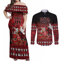 Custom Tonga 676 Haamonga a Maui Couples Matching Off Shoulder Maxi Dress and Long Sleeve Button Shirt Tongan Sipi Tau Unique Dance LT9 Red - Polynesian Pride