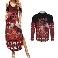 Custom Tonga 676 Haamonga a Maui Couples Matching Summer Maxi Dress and Long Sleeve Button Shirt Tongan Sipi Tau Unique Dance LT9 Red - Polynesian Pride