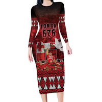 Custom Tonga 676 Haamonga a Maui Long Sleeve Bodycon Dress Tongan Sipi Tau Unique Dance LT9 Long Dress Red - Polynesian Pride