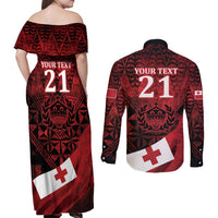 Custom Tonga XIII Rugby Tribal Tattoo Couples Matching Off Shoulder Maxi Dress and Long Sleeve Button Shirt Mate Ma'a Tonga Kupesi Ngatu Grunge Style LT9 - Polynesian Pride
