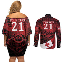 Custom Tonga XIII Rugby Tribal Tattoo Couples Matching Off Shoulder Short Dress and Long Sleeve Button Shirt Mate Ma'a Tonga Kupesi Ngatu Grunge Style LT9 - Polynesian Pride