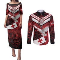 Custom Tonga XIII Rugby Tribal Tattoo Couples Matching Puletasi and Long Sleeve Button Shirt Mate Ma'a Tonga Kupesi Ngatu Grunge Style LT9 Red - Polynesian Pride