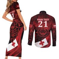 Custom Tonga XIII Rugby Tribal Tattoo Couples Matching Short Sleeve Bodycon Dress and Long Sleeve Button Shirt Mate Ma'a Tonga Kupesi Ngatu Grunge Style LT9 - Polynesian Pride