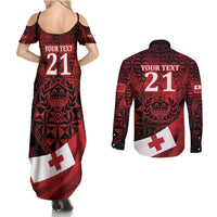 Custom Tonga XIII Rugby Tribal Tattoo Couples Matching Summer Maxi Dress and Long Sleeve Button Shirt Mate Ma'a Tonga Kupesi Ngatu Grunge Style LT9 - Polynesian Pride