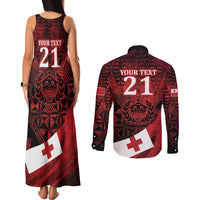Custom Tonga XIII Rugby Tribal Tattoo Couples Matching Tank Maxi Dress and Long Sleeve Button Shirt Mate Ma'a Tonga Kupesi Ngatu Grunge Style LT9 - Polynesian Pride