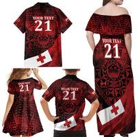 Custom Tonga XIII Rugby Tribal Tattoo Family Matching Off Shoulder Maxi Dress and Hawaiian Shirt Mate Ma'a Tonga Kupesi Ngatu Grunge Style LT9 - Polynesian Pride