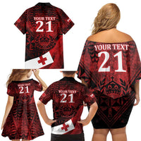 Custom Tonga XIII Rugby Tribal Tattoo Family Matching Off Shoulder Short Dress and Hawaiian Shirt Mate Ma'a Tonga Kupesi Ngatu Grunge Style LT9 - Polynesian Pride