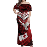 Custom Tonga XIII Rugby Tribal Tattoo Off Shoulder Maxi Dress Mate Ma'a Tonga Kupesi Ngatu Grunge Style LT9 Women Red - Polynesian Pride