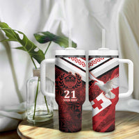 Custom Tonga XIII Rugby Tribal Tattoo Tumbler With Handle Mate Ma'a Tonga Kupesi Ngatu Grunge Style LT9 - Polynesian Pride