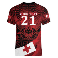 Custom Tonga XIII Rugby Tribal Tattoo Women V-Neck T-Shirt Mate Ma'a Tonga Kupesi Ngatu Grunge Style LT9 - Polynesian Pride