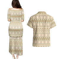 Pasifika Sataoa Pattern Simple Motif Couples Matching Puletasi and Hawaiian Shirt Beige Tan LT9 - Polynesian Pride