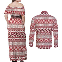 Pasifika Sataoa Pattern Simple Motif Couples Matching Off Shoulder Maxi Dress and Long Sleeve Button Shirt Cherry LT9 - Polynesian Pride