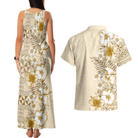 Pasifika Sataoa Pattern Plumeria Vintage Couples Matching Tank Maxi Dress and Hawaiian Shirt Beige Tan LT9 - Polynesian Pride