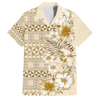 Pasifika Sataoa Pattern Plumeria Vintage Family Matching Off Shoulder Maxi Dress and Hawaiian Shirt Beige Tan LT9 Dad's Shirt - Short Sleeve Beige Tan - Polynesian Pride