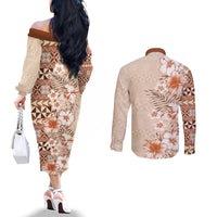 Pasifika Sataoa Pattern Plumeria Vintage Couples Matching Off The Shoulder Long Sleeve Dress and Long Sleeve Button Shirt Brown Beige Tan LT9 - Polynesian Pride