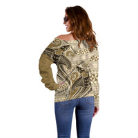 Vintage Hammerhead Shark Valentine Day Off Shoulder Sweater Pasifika Sataoa Pattern - Beige Tan LT9 - Polynesian Pride