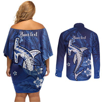 Personalized Hawaiian Maori Hammerhead Shark Couples Matching Off Shoulder Short Dress and Long Sleeve Button Shirt Polu Plumeria LT9 - Polynesian Pride