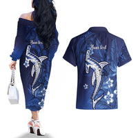 Personalized Hawaiian Maori Hammerhead Shark Couples Matching Off The Shoulder Long Sleeve Dress and Hawaiian Shirt Polu Plumeria LT9 - Polynesian Pride