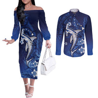 Personalized Hawaiian Maori Hammerhead Shark Couples Matching Off The Shoulder Long Sleeve Dress and Long Sleeve Button Shirt Polu Plumeria LT9 Blue - Polynesian Pride