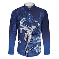 Personalized Hawaiian Maori Hammerhead Shark Family Matching Long Sleeve Bodycon Dress and Hawaiian Shirt Polu Plumeria LT9 Dad's Shirt - Long Sleeve Blue - Polynesian Pride