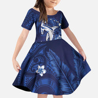 Personalized Hawaiian Maori Hammerhead Shark Family Matching Short Sleeve Bodycon Dress and Hawaiian Shirt Polu Plumeria LT9 Daughter's Dress Blue - Polynesian Pride