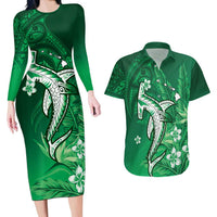 Personalized Hawaiian Maori Hammerhead Shark Couples Matching Long Sleeve Bodycon Dress and Hawaiian Shirt Omaomao Plumeria LT9 Green - Polynesian Pride