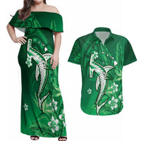Personalized Hawaiian Maori Hammerhead Shark Couples Matching Off Shoulder Maxi Dress and Hawaiian Shirt Omaomao Plumeria LT9 Green - Polynesian Pride
