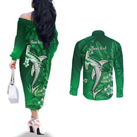 Personalized Hawaiian Maori Hammerhead Shark Couples Matching Off The Shoulder Long Sleeve Dress and Long Sleeve Button Shirt Omaomao Plumeria LT9 - Polynesian Pride
