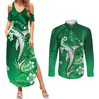 Personalized Hawaiian Maori Hammerhead Shark Couples Matching Summer Maxi Dress and Long Sleeve Button Shirt Omaomao Plumeria LT9 Green - Polynesian Pride