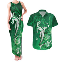 Personalized Hawaiian Maori Hammerhead Shark Couples Matching Tank Maxi Dress and Hawaiian Shirt Omaomao Plumeria LT9 Green - Polynesian Pride