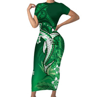 Personalized Hawaiian Maori Hammerhead Shark Family Matching Short Sleeve Bodycon Dress and Hawaiian Shirt Omaomao Plumeria LT9 Mom's Dress Green - Polynesian Pride