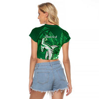 Personalized Hawaiian Maori Hammerhead Shark Raglan Cropped T Shirt Omaomao Plumeria - Polynesian Pride