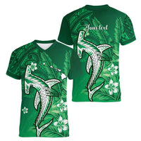 Personalized Hawaiian Maori Hammerhead Shark Women V-Neck T-Shirt Omaomao Plumeria LT9 - Polynesian Pride