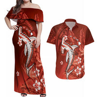Personalized Hawaiian Maori Hammerhead Shark Couples Matching Off Shoulder Maxi Dress and Hawaiian Shirt Ulaula Plumeria LT9 Red - Polynesian Pride