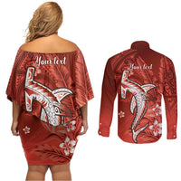 Personalized Hawaiian Maori Hammerhead Shark Couples Matching Off Shoulder Short Dress and Long Sleeve Button Shirt Ulaula Plumeria LT9 - Polynesian Pride