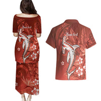 Personalized Hawaiian Maori Hammerhead Shark Couples Matching Puletasi and Hawaiian Shirt Ulaula Plumeria LT9 - Polynesian Pride