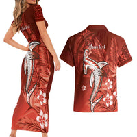 Personalized Hawaiian Maori Hammerhead Shark Couples Matching Short Sleeve Bodycon Dress and Hawaiian Shirt Ulaula Plumeria LT9 - Polynesian Pride